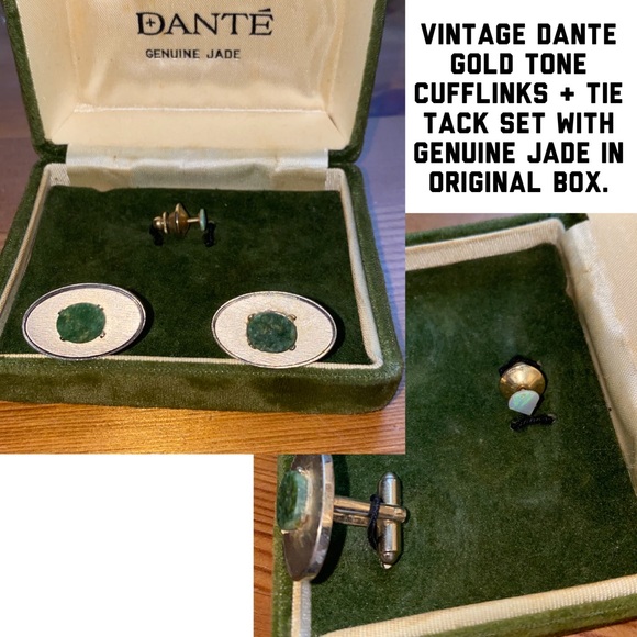 Dante Other - Vintage DANTE Gold Tone Cufflinks & Tie Tack Set with Genuine Jade In Velvet Box